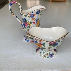 Erphila Warwick Cheery Chintz vintage porcelain tall cream & sugar set EUC